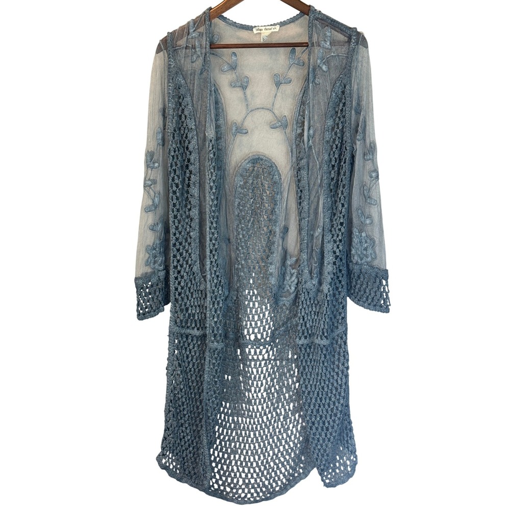 Indigo Thread Co. Medium Blue Mesh Crochet Boho Open Work‎ Kimono Size L/XL